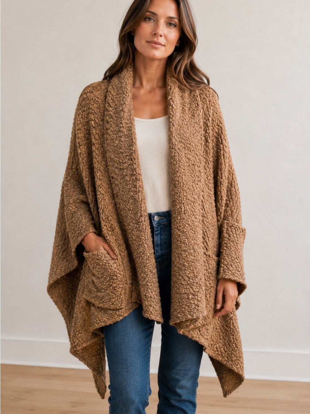 Pink Lily Eyelash Popcorn Blanket-Like Cardigan Sweater Pockets